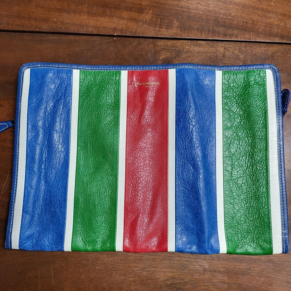 Balenciaga Clutch Bag Womens Large Multicolor Stripe Leather Zip Travel Pouch
